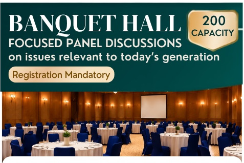 Banquet Hall Panel Discussions — relevant discussions for today's generation. The banquet hall laid out with round tables.