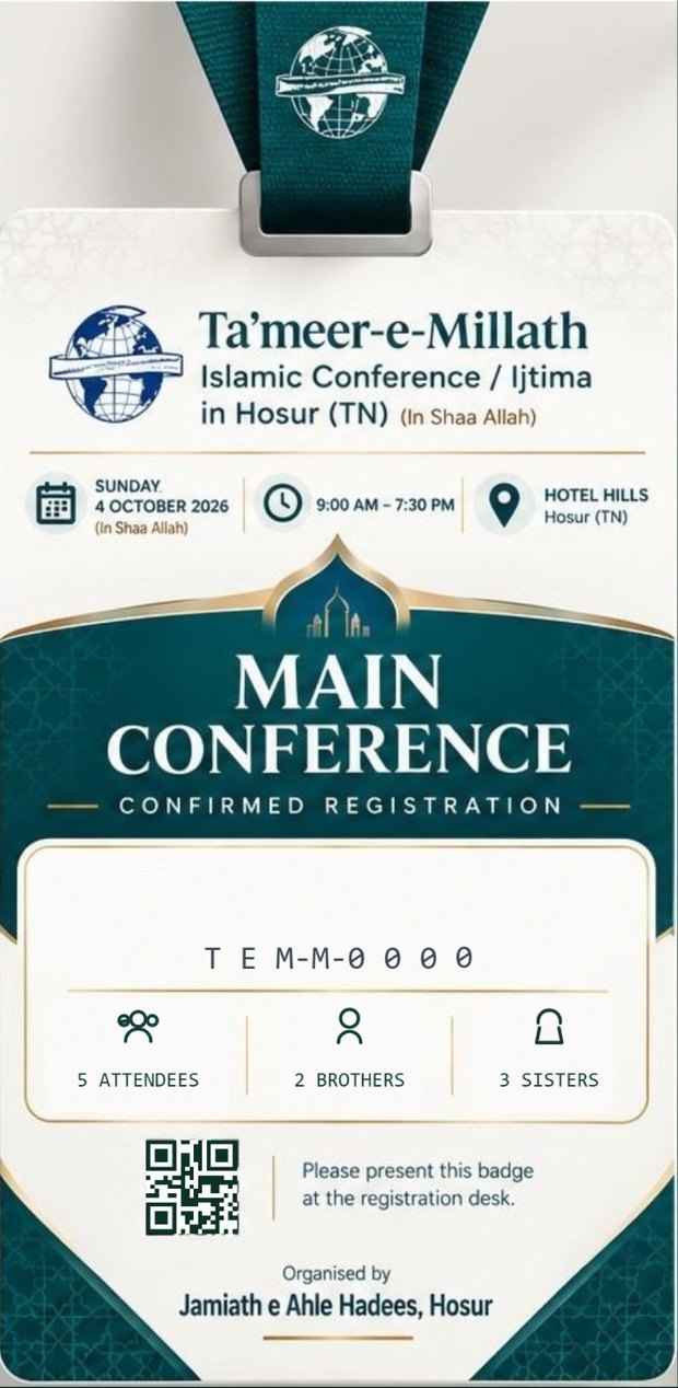 Sample digital pass: Ta'meer-e-Millath main conference, confirmed registration, with a reference number, attendee counts and a QR code
